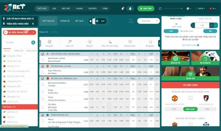 Sảnh thể thao 22BET thiết kế giao diện đẹp, chuyên nghiệp