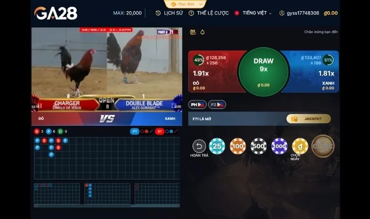 Giao diện cá cược Đá Gà GA28 Tại 22Bet