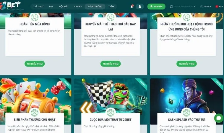 Các chương trình khuyến mãi 22Bet
