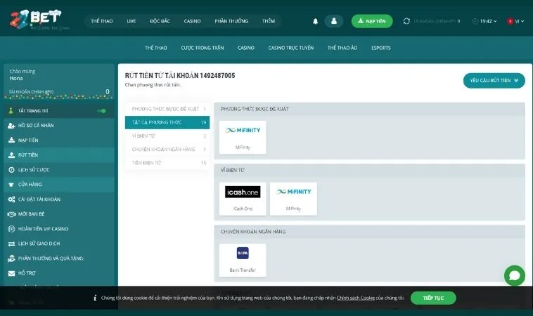 Giao diện rút tiền 22Bet