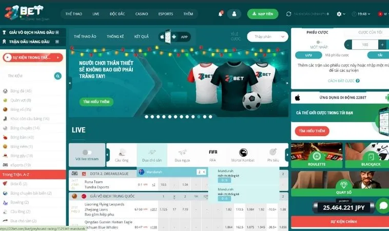 Giao diện trang chủ nhà cái 22BET