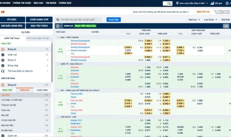 Bảng tỷ lệ kèo cá cược bóng đá 22Bet