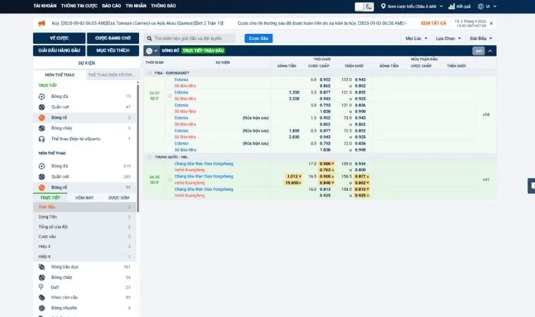 Giao diện cá cược Bóng rổ 22Bet